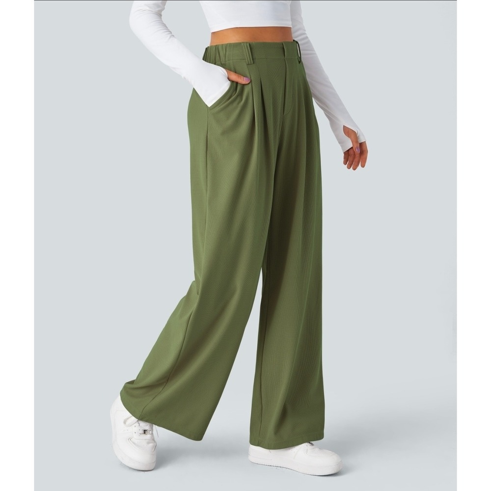 Halara Flex High Waisted Pocket Wide Leg Waffle Work Pants Olive Green Medium